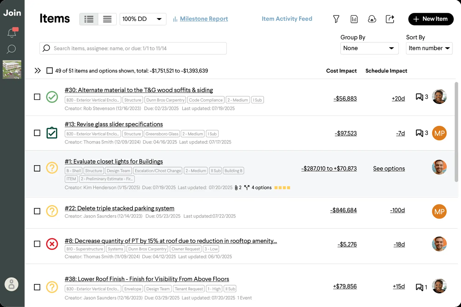 The Join items list showing each open decision with its cost impact, schedule impact, owner, and due date.