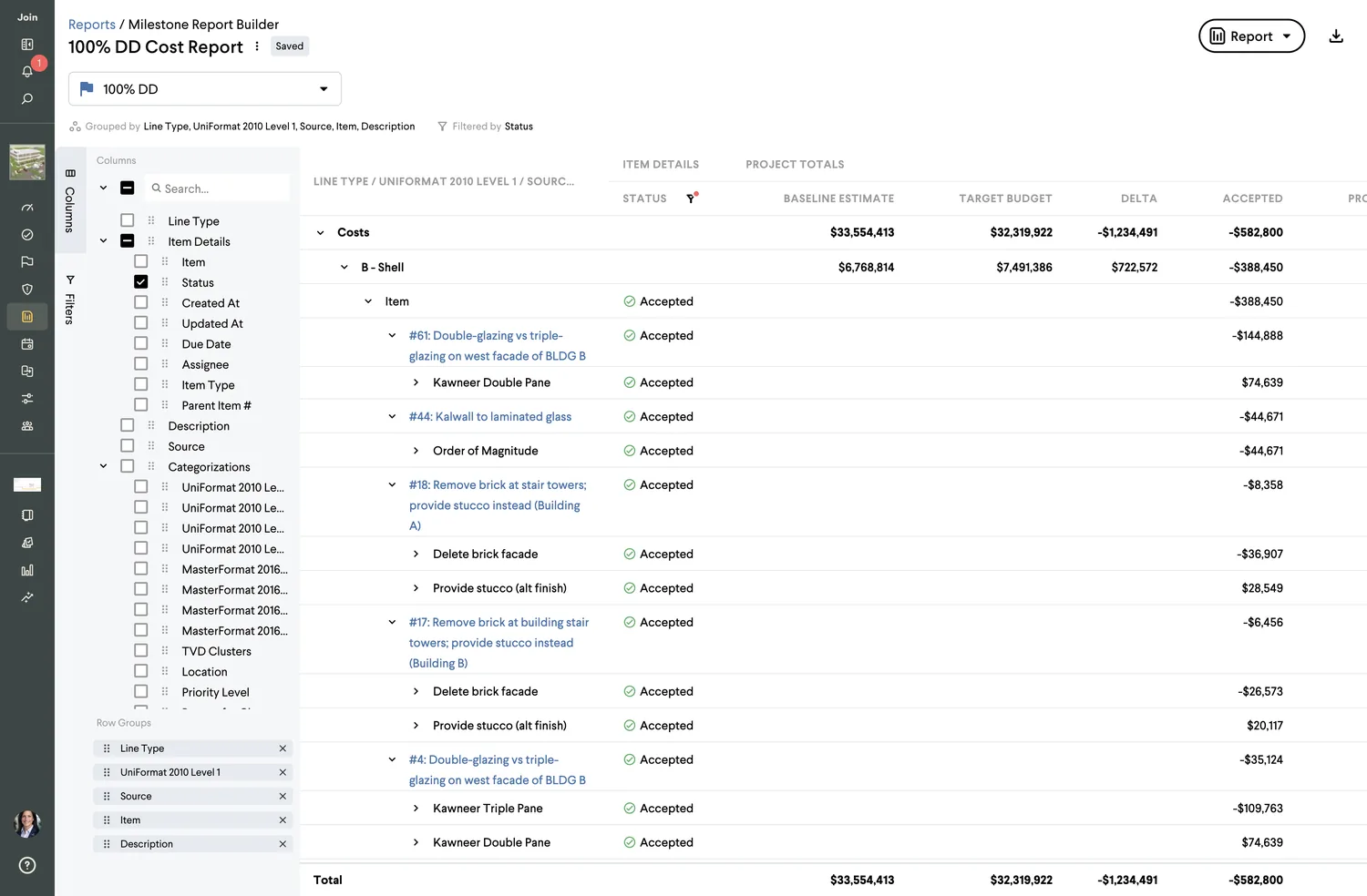 The milestone report builder in Join with its configuration panel open, showing selectable columns for item details, categorizations, line cost details and project totals, the row grouping chips beneath them, and the live report updating alongside.