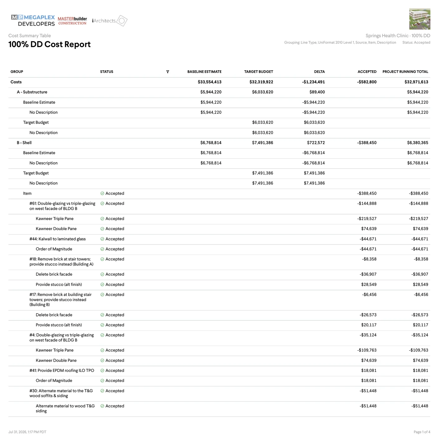 The new PDF export of a Join milestone report, with a clean header carrying the project team's company logos, the project name and image, aligned cost columns, status icons on every line, and a new footer with date and page count.