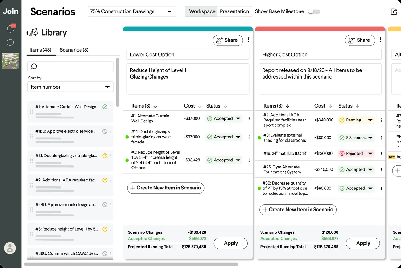 Join Scenarios comparing a lower cost option and a higher cost option side by side with projected running totals.